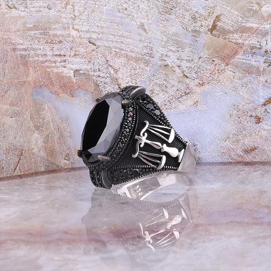 Terazi Motifli Siyah Zirkon Taşlı 925 Ayar Gümüş Erkek Yüzük