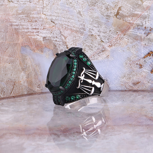 Terazi Motifli Yeşil Zirkon Taşlı 925 Ayar Gümüş Erkek Yüzük