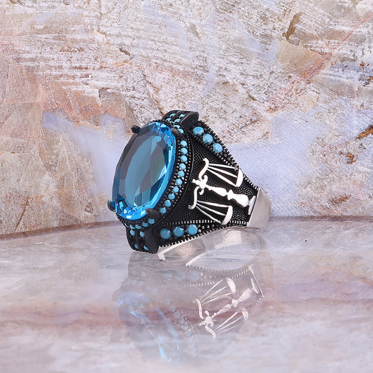 Terazi Motifli Aqua Taşlı 925 Ayar Gümüş Erkek Yüzük