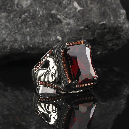 Kartal Motifli Zirkon Taşlı 925 Ayar Gümüş Erkek Yüzük