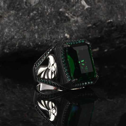 Kartal Motifli Yeşil Zirkon Taşlı 925 Ayar Gümüş Erkek Yüzük