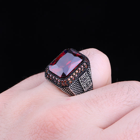 Kırmızı Zirkon Taşlı 925 Ayar Gümüş Erkek Yüzük