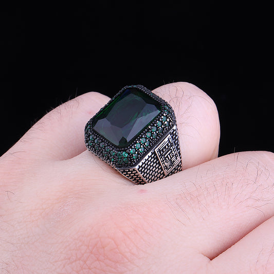 Yeşil Zirkon Taşlı 925 Ayar Gümüş Erkek Yüzük