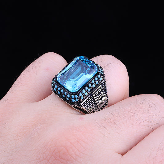 Aqua Taşlı 925 Ayar Gümüş Erkek Yüzük