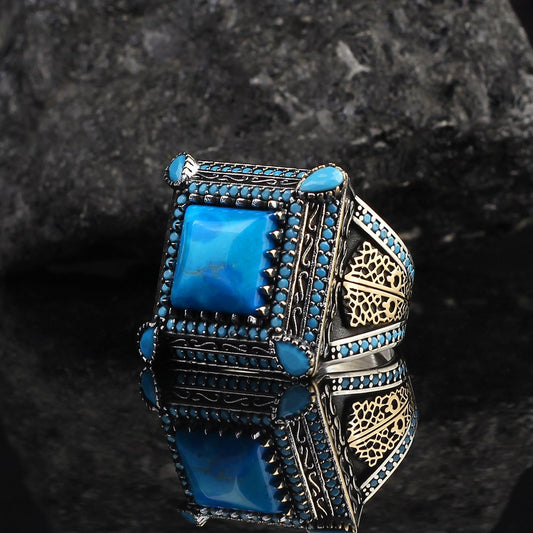 Firuze Taşlı 925 Ayar Gümüş Erkek Yüzük