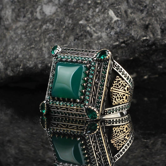 Yeşil Akik Taşlı 925 Ayar Gümüş Erkek Yüzük