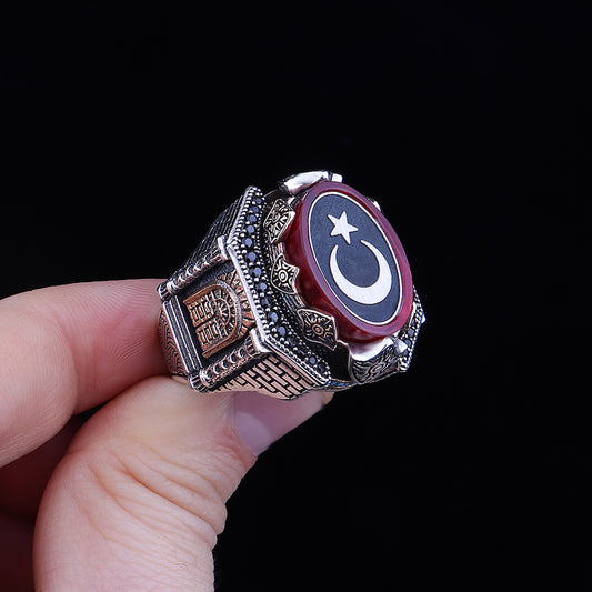 Kale Model Ay Yıldız Kehribar Taşlı Gümüş Yüzüğü