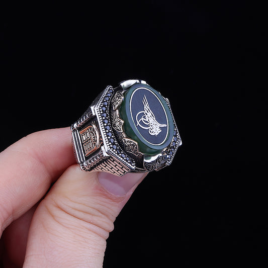 Osmanlı Tuğrası Motifli Kale Model Kehribar Taşlı Gümüş Yüzük