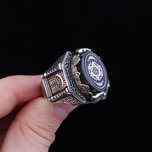 Mührü Süleyman İşlemeli Kale Model Kehribar Taşlı Gümüş Yüzüğü