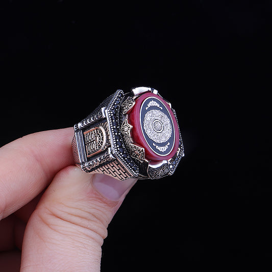 İnşirah Suresi İşlemeli Kale Model Kehribar Taşlı Gümüş Yüzük