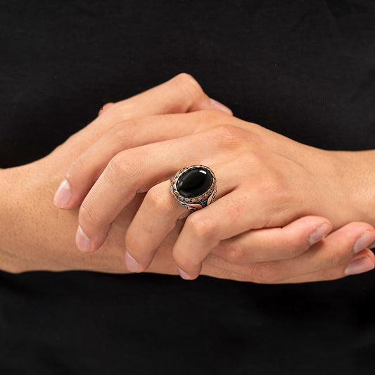 Örgü Motifli Oniks Taşlı Gümüş Erkek Yüzük