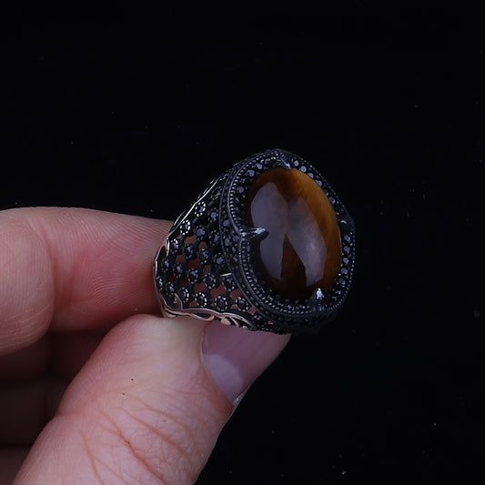 Kaplan Gözü Taşlı 925 Ayar Gümüş Erkek Yüzük