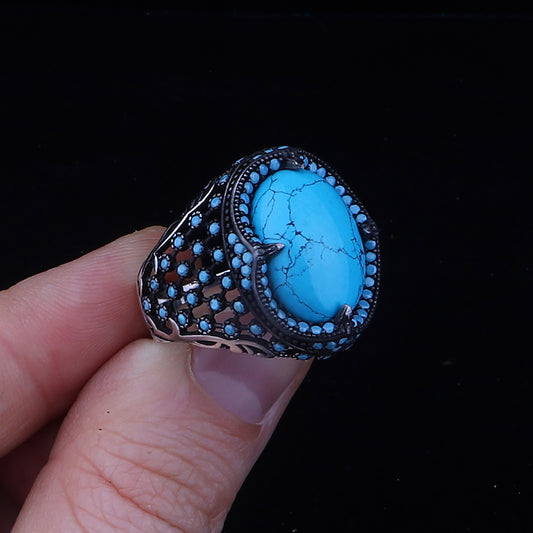 Firuze Taşlı 925 Ayar Gümüş Erkek Yüzük