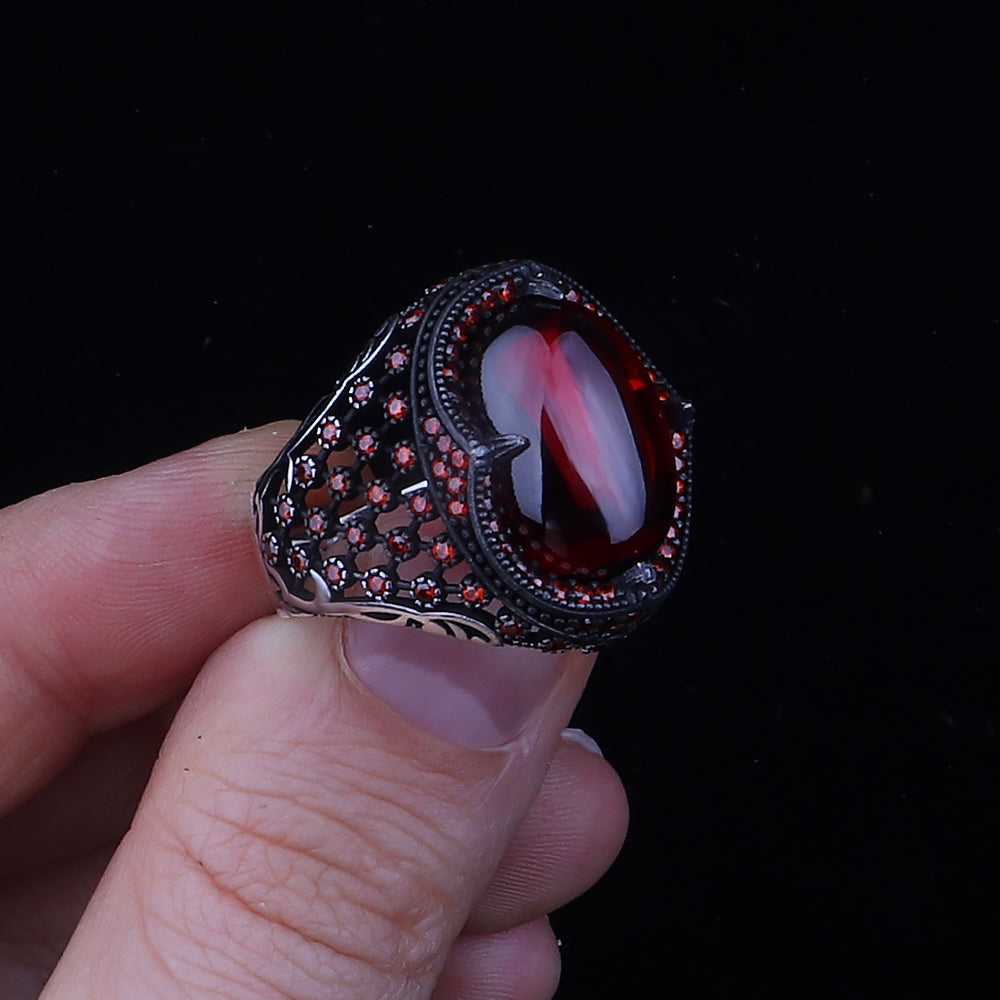 Kırmızı Zirkon Taşlı 925 Ayar Gümüş Erkek Yüzük