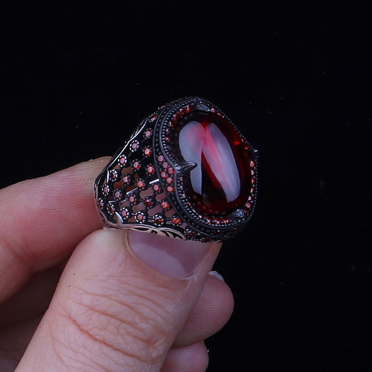 Kırmızı Zirkon Taşlı 925 Ayar Gümüş Erkek Yüzük