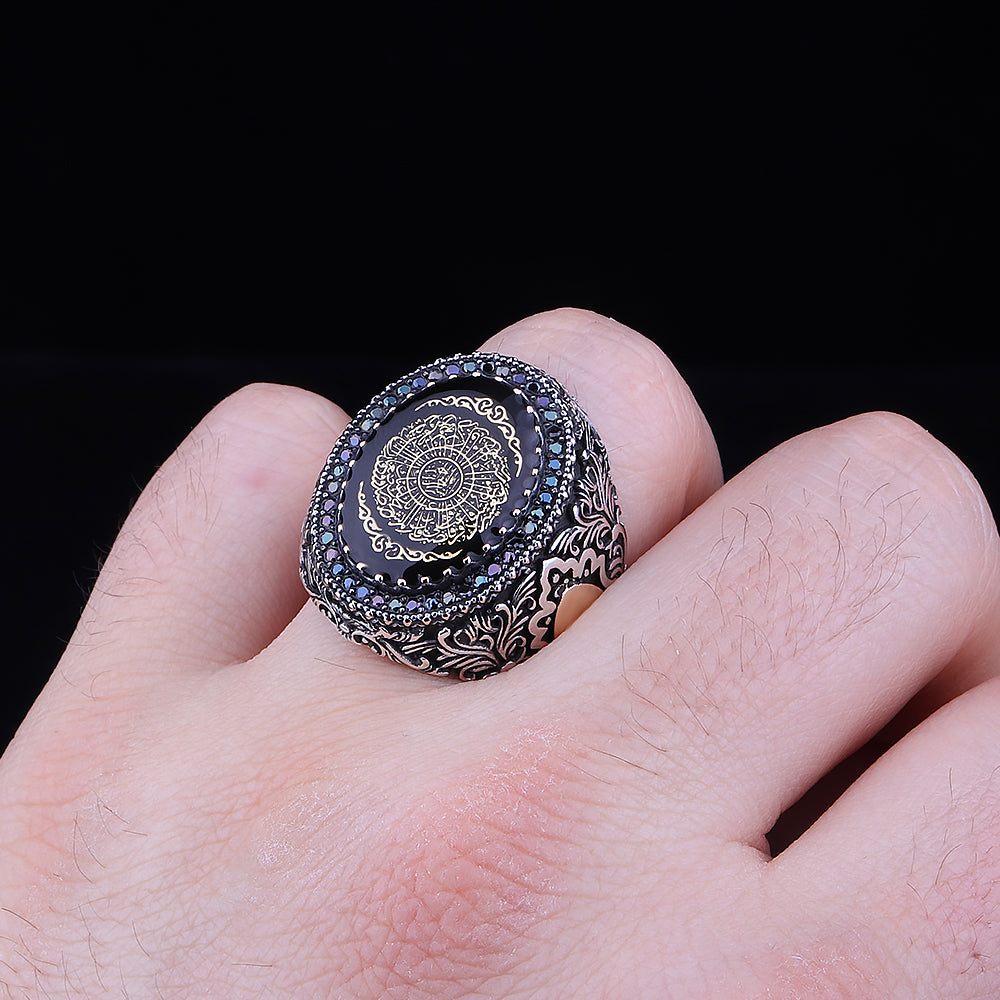 İnşirah Suresi İşlemeli Mineli 925 Ayar Gümüş Erkek Yüzük