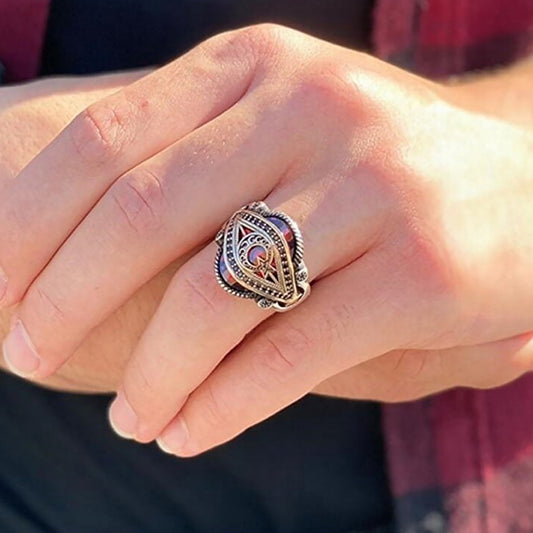 Ay Yıldız İşlemeli Kırmızı Zirkon Taş 925 Ayar Gümüş Erkek Yüzük