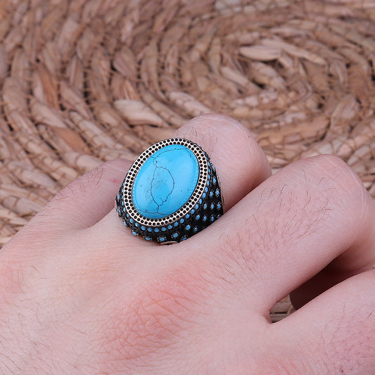 Firuze Taşlı Mikro Taş İşlemeli 925 Ayar Gümüş Erkek Yüzük