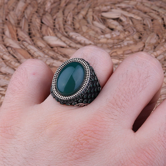 Akik Taşlı Mikro Taş İşlemeli 925 Ayar Gümüş Erkek Yüzük