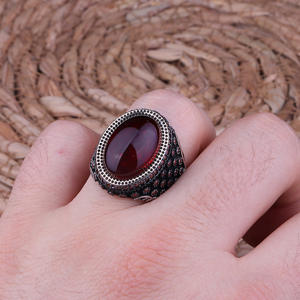 Lal Taşlı Mikro Taş İşlemeli 925 Ayar Gümüş Erkek Yüzük