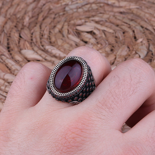 Lal Taşlı Mikro Taş İşlemeli 925 Ayar Gümüş Erkek Yüzük