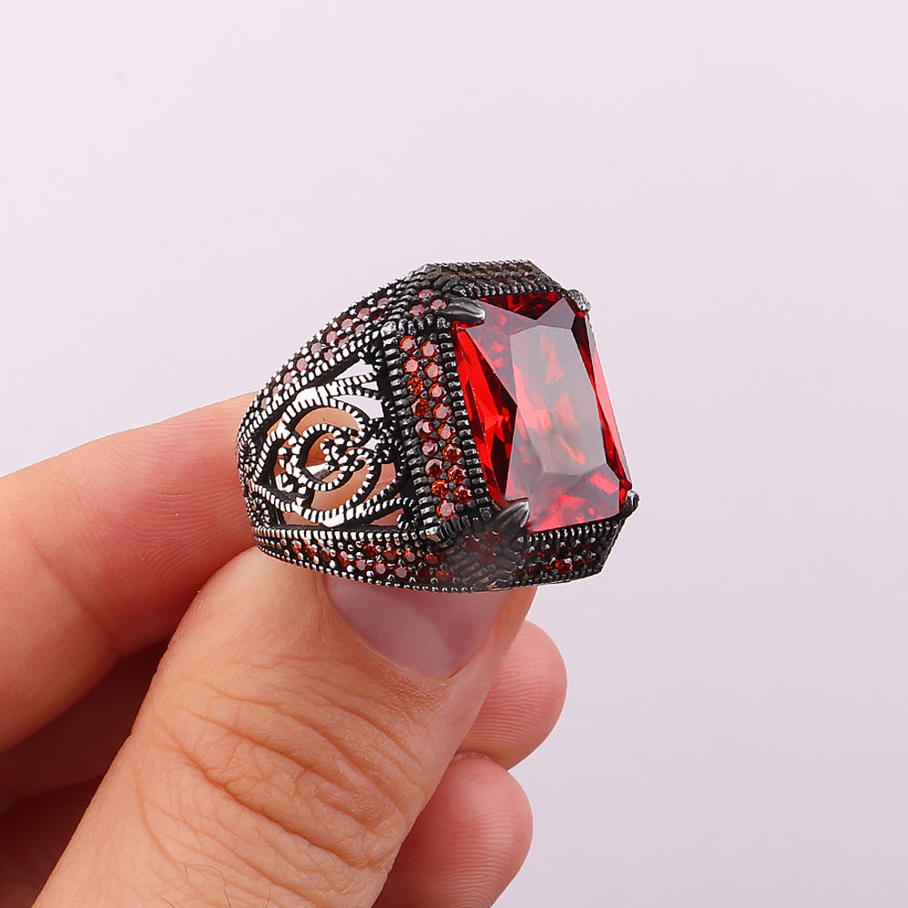 Kırmızı Zirkon Taşlı 925 Ayar Gümüş Erkek Yüzük