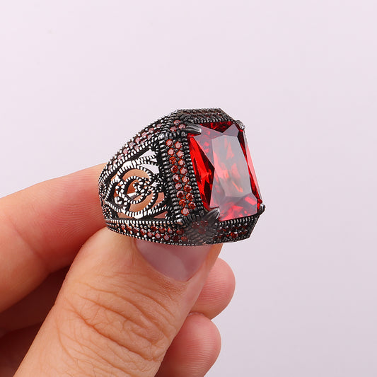 Kırmızı Zirkon Taşlı 925 Ayar Gümüş Erkek Yüzük