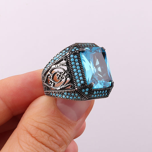 Aqua Taşlı 925 Ayar Gümüş Erkek Yüzük