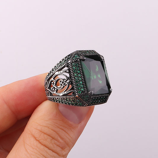 Yeşil Zirkon Taşlı 925 Ayar Gümüş Erkek Yüzük