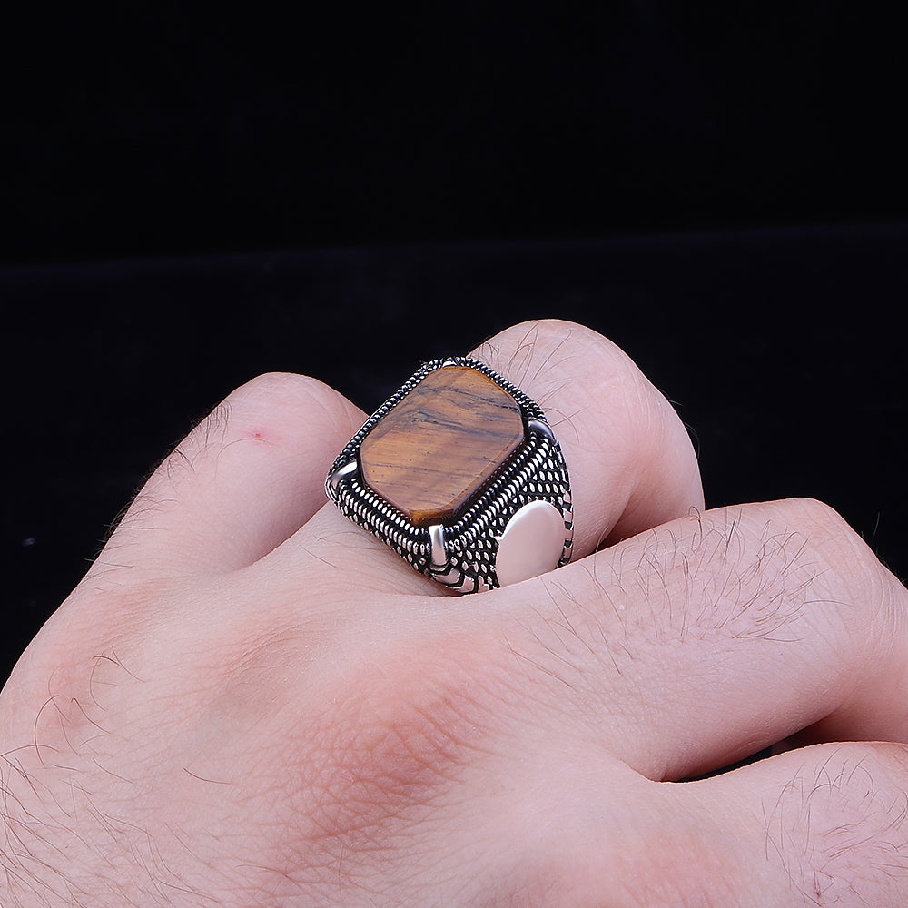 Hasır Model Kaplan Gözü Taşlı 925 Ayar Gümüş Erkek Yüzük