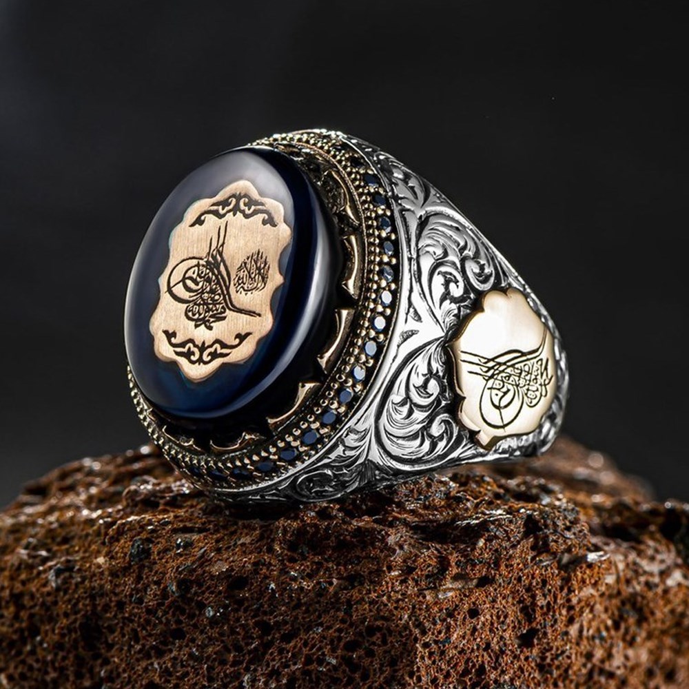 Kalem İşleme Osmanlı Tuğrası Kehribar Taşlı 925 Ayar Gümüş Yüzük