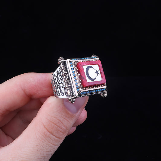 Ay Yıldız İşlemeli Kadı Model Kehribar Taşlı 925 Ayar Gümüş Erkek Yüzük