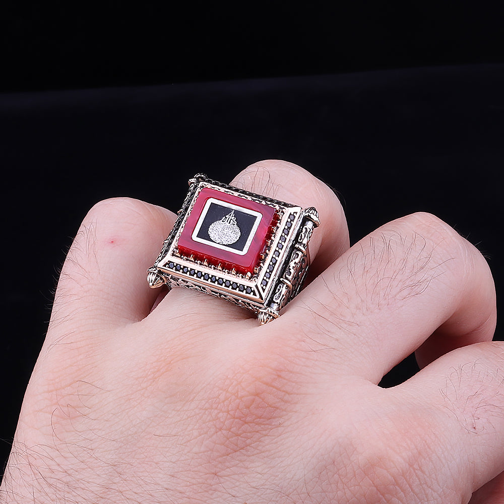 Ayetel Kürsi İşlemeli Kadı Model Kehribar Taşlı 925 Ayar Gümüş Erkek Yüzük