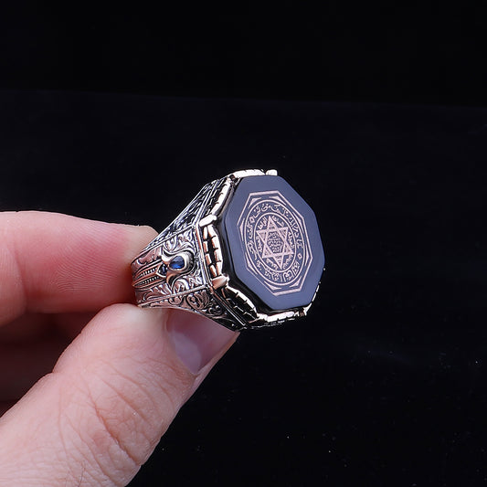 Kalem İşleme Mührü Süleyman Motifli 925 Ayar Erkek Gümüş Yüzük