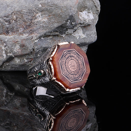 Kalem İşleme Ayetel Kürsi Motifli 925 Ayar Erkek Gümüş Yüzük