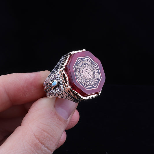 Gravür Bezeme Ayetel Kürsi İşlemeli Kehribar Taşlı 925 Ayar Erkek Gümüş Yüzük