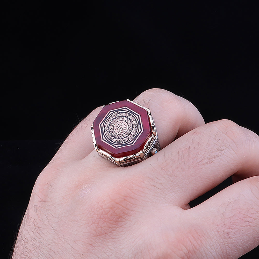 Gravür Bezeme Ayetel Kürsi İşlemeli Kehribar Taşlı 925 Ayar Erkek Gümüş Yüzük