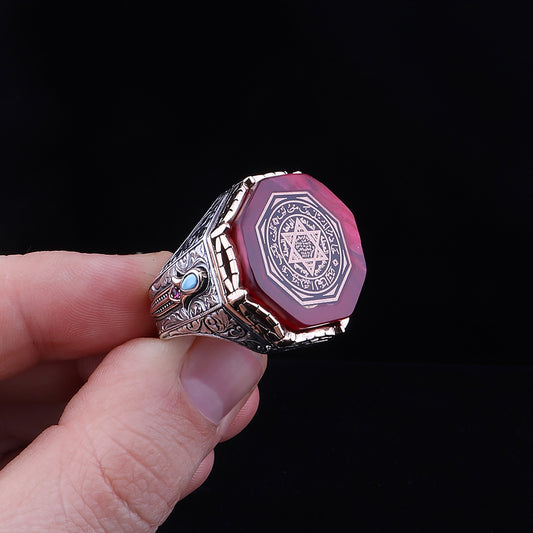 Mührü Süleyman İşlemeli Kehribar Taşlı 925 Ayar Erkek Gümüş Yüzük