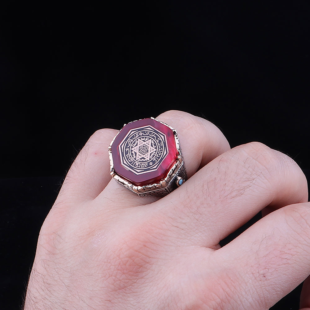 Mührü Süleyman İşlemeli Kehribar Taşlı 925 Ayar Erkek Gümüş Yüzük