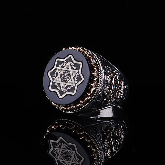 Gravür Bezeme Mührü Süleyman İşlemeli Kehribar Taşlı 925 Ayar Erkek Gümüş Yüzük