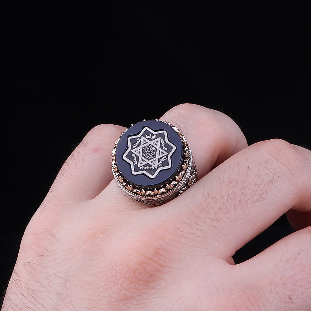 Gravür Bezeme Mührü Süleyman İşlemeli Kehribar Taşlı 925 Ayar Erkek Gümüş Yüzük