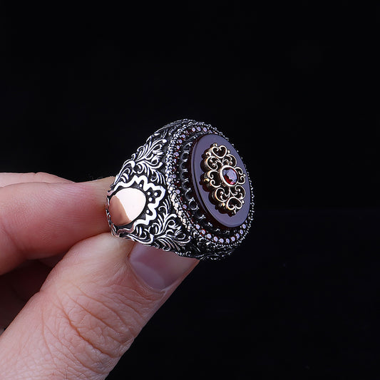 Kırmızı Akik Taşlı 925 Ayar Gümüş Erkek Yüzük