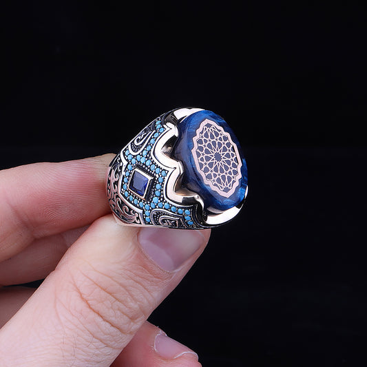 Mikro Taş İşlemeli Kehribar Taşlı 925 Ayar Erkek Gümüş Yüzük