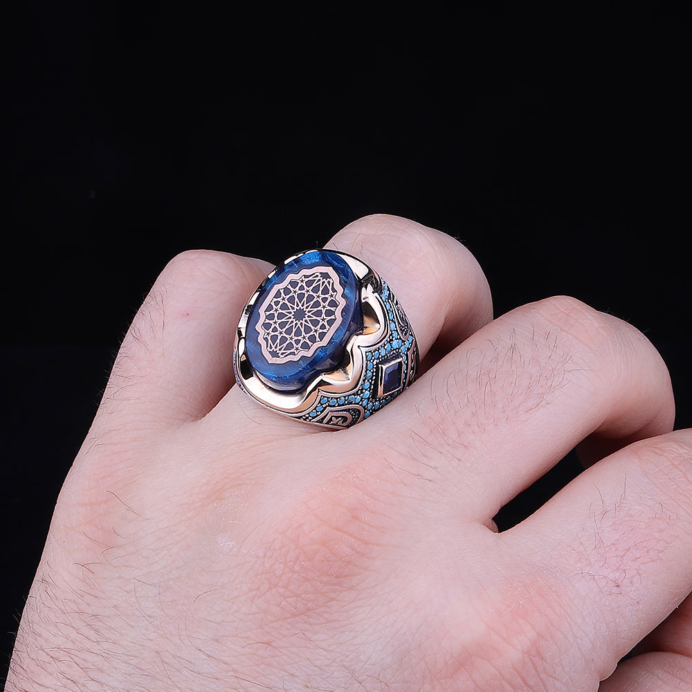 Mikro Taş İşlemeli Kehribar Taşlı 925 Ayar Erkek Gümüş Yüzük