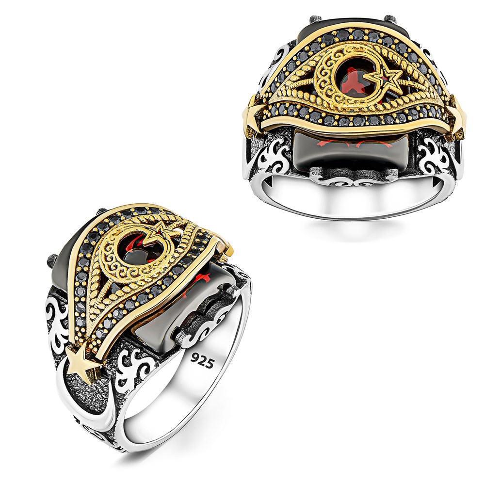 Zirkon Taşlı Ay Yıldız Motifli 925 Ayar Gümüş Erkek Yüzük