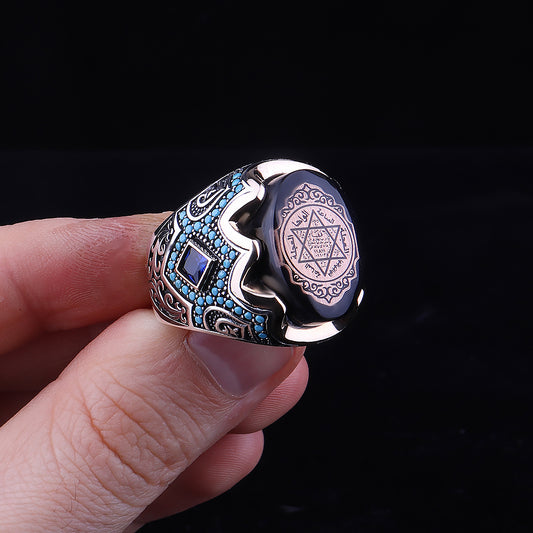 Mührü Süleyman İşlemeli Kehribar Taşlı 925 Ayar Erkek Gümüş Yüzük