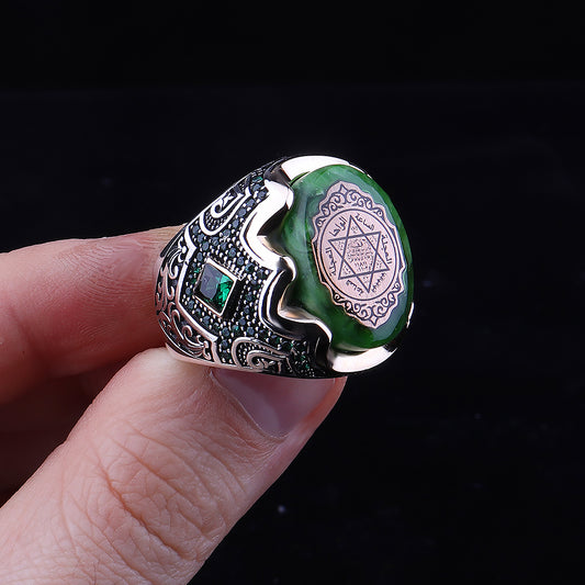 Kehribar Taşlı Mührü Süleyman İşlemeli 925 Ayar Erkek Gümüş Yüzük