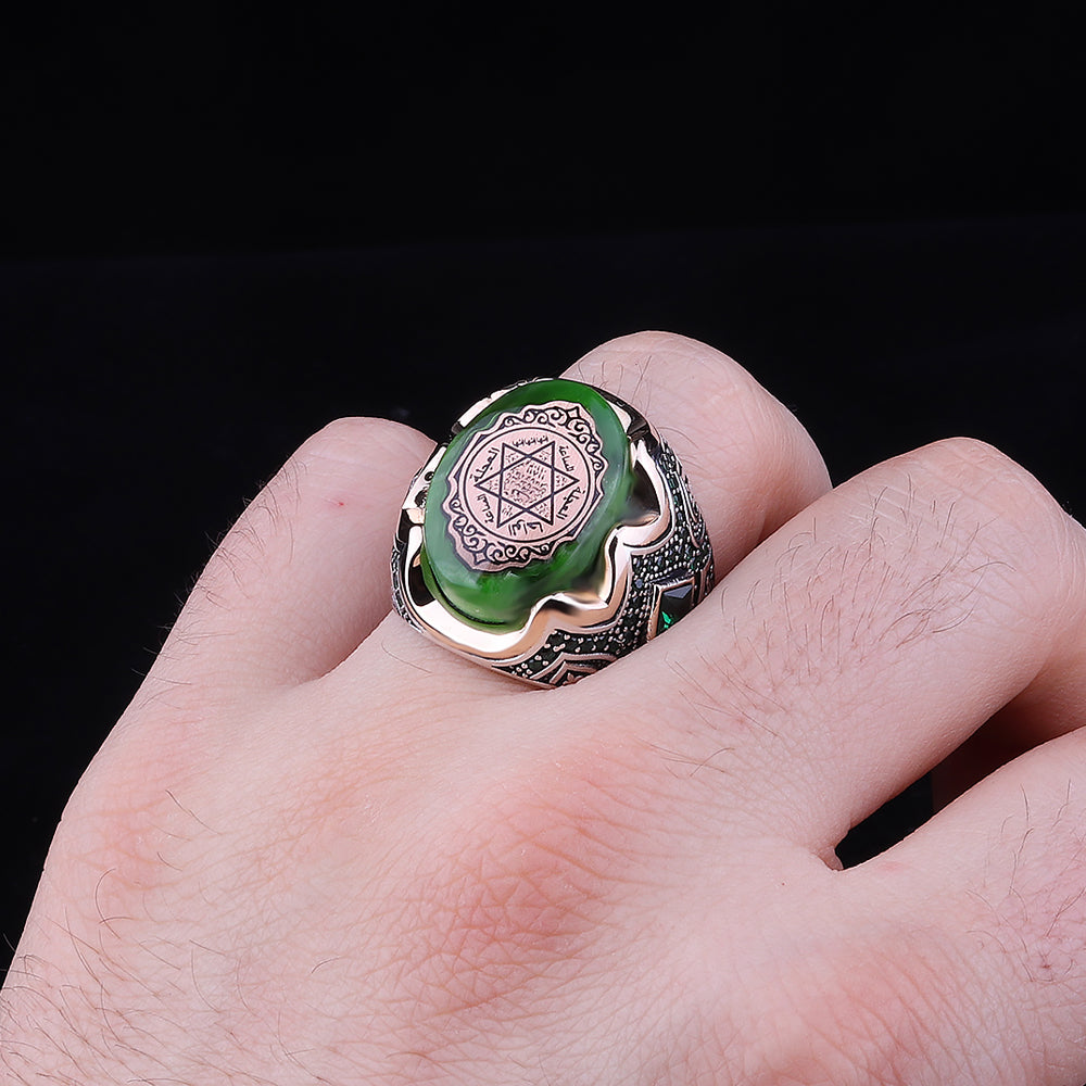 Kehribar Taşlı Mührü Süleyman İşlemeli 925 Ayar Erkek Gümüş Yüzük