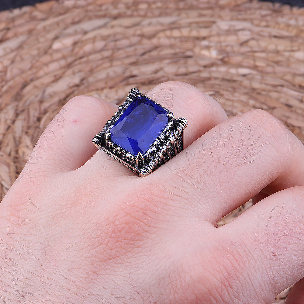 Lacivert Paraiba Taşlı 925 Ayar Gümüş Erkek Yüzük