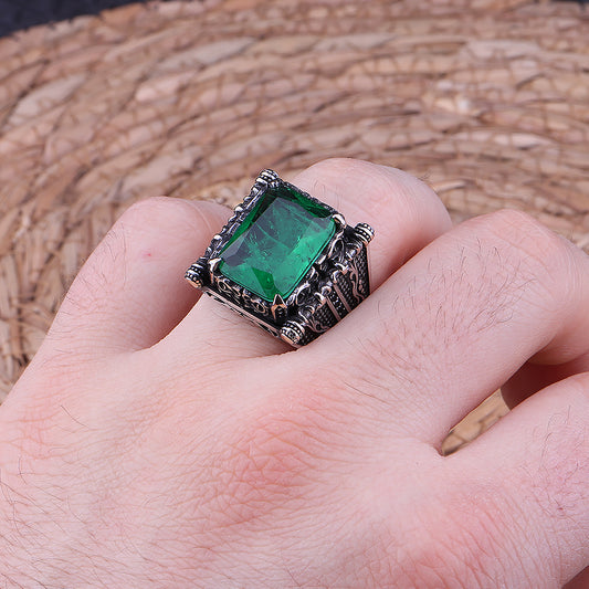 Yeşil Paraiba Taşlı 925 Ayar Gümüş Erkek Yüzük